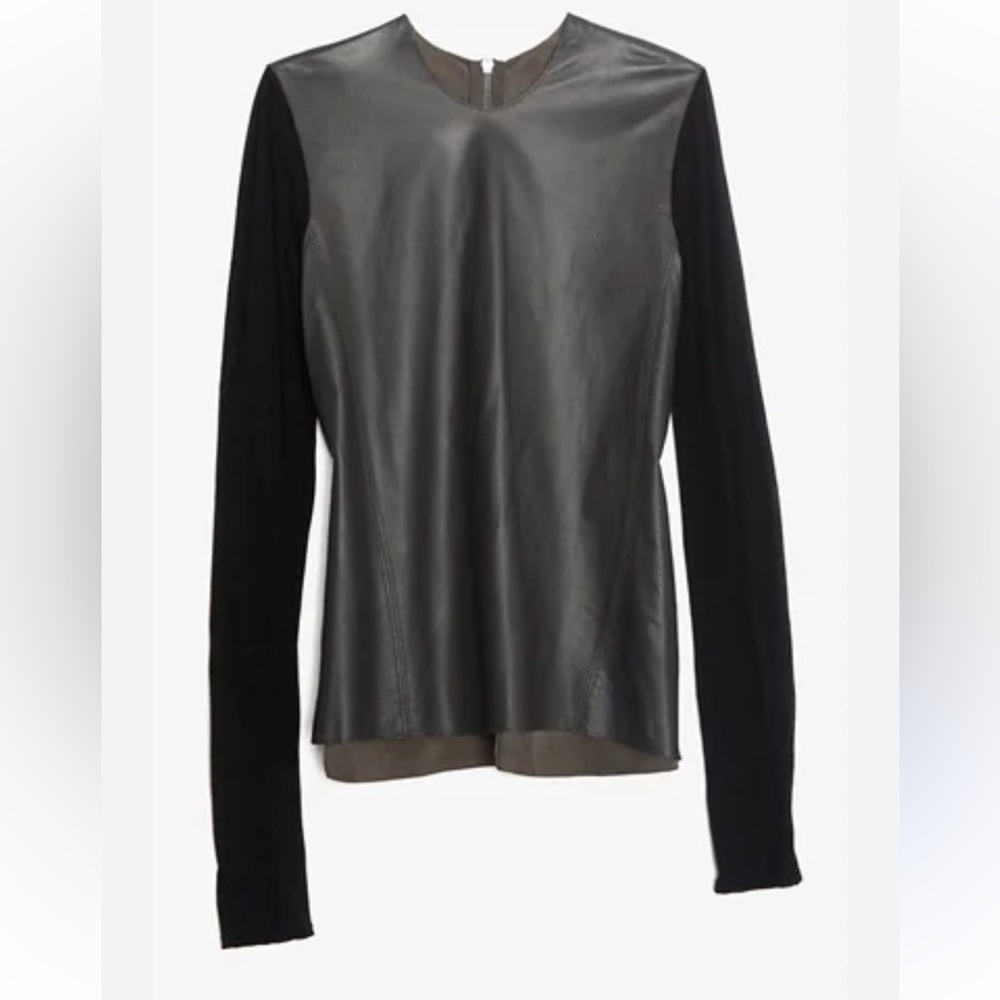 Helmut Lang Black Genuine Lamb Leather Sheer Arm Top Blouse sz S - Picture 8 of 9
